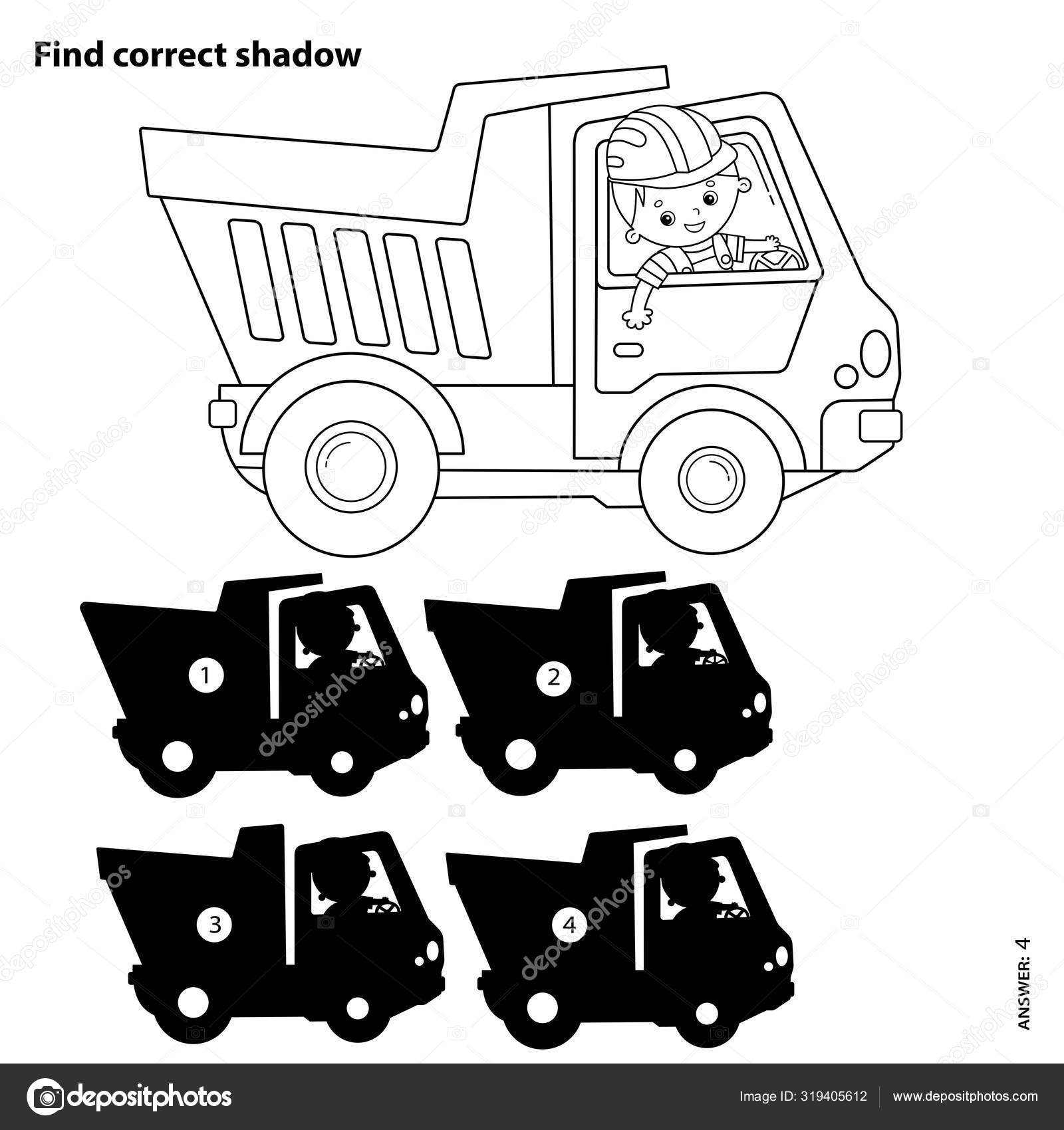 Puzzle game for kids find correct shadow lorry or dump truck construction vehicles coloring book for children stock vector by oleon