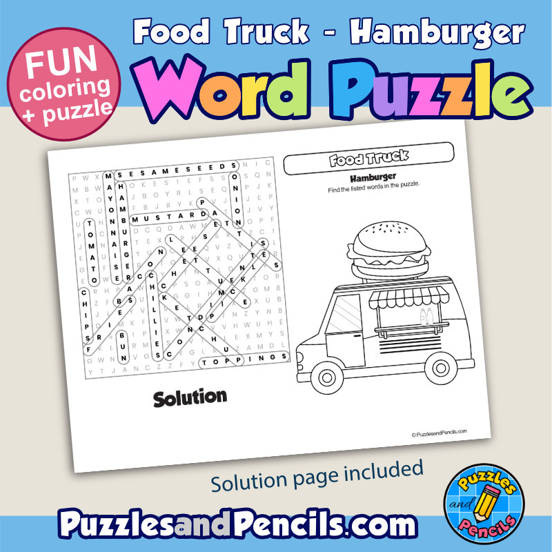 Hamburger word search puzzle activity page and coloring food truck wordsearch made by teachers