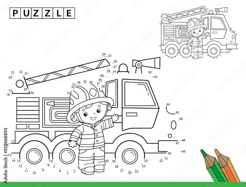 Puzzle game for kids numbers game coloring page outline of cartoon fire truck with fireman or firefighter coloring book for children vector