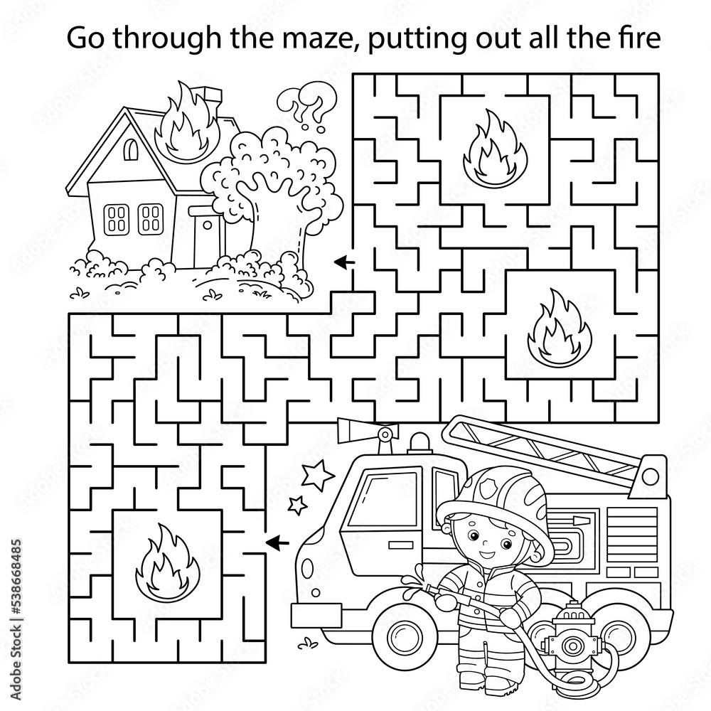 Maze or labyrinth game puzzle coloring page outline of cartoon fireman or firefighter with fire truck fire fighting coloring book for kids vector