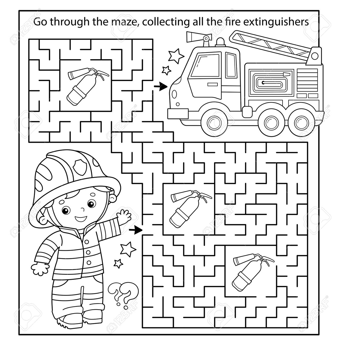 Maze or labyrinth game puzzle coloring page outline of cartoon fireman or firefighter with fire truck coloring book for kids royalty free svg cliparts vectors and stock illustration image