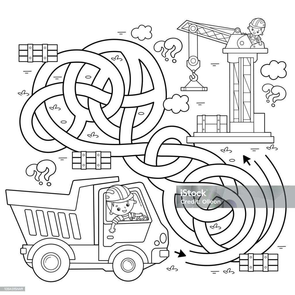 Maze or labyrinth game puzzle tangled road coloring page outline of cartoon lorry or dump truck elevating crane on build construction vehicles coloring book for kids stock illustration