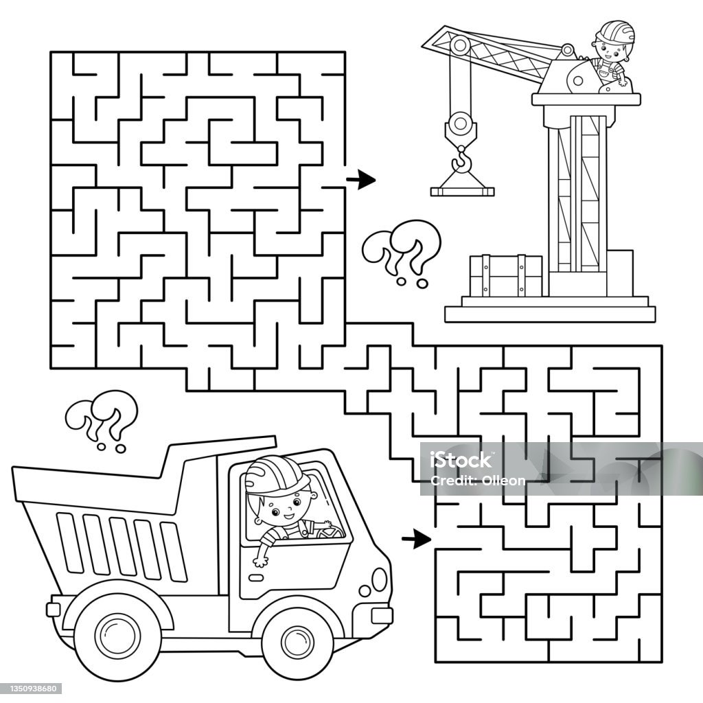 Maze or labyrinth game puzzle coloring page outline of cartoon lorry or dump truck elevating crane on build construction vehicles coloring book for kids stock illustration