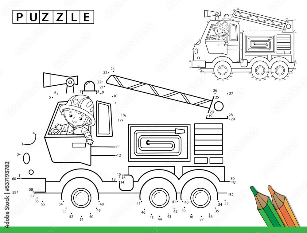 Puzzle game for kids numbers game coloring page outline of cartoon fire truck with fireman or firefighter coloring book for children vector