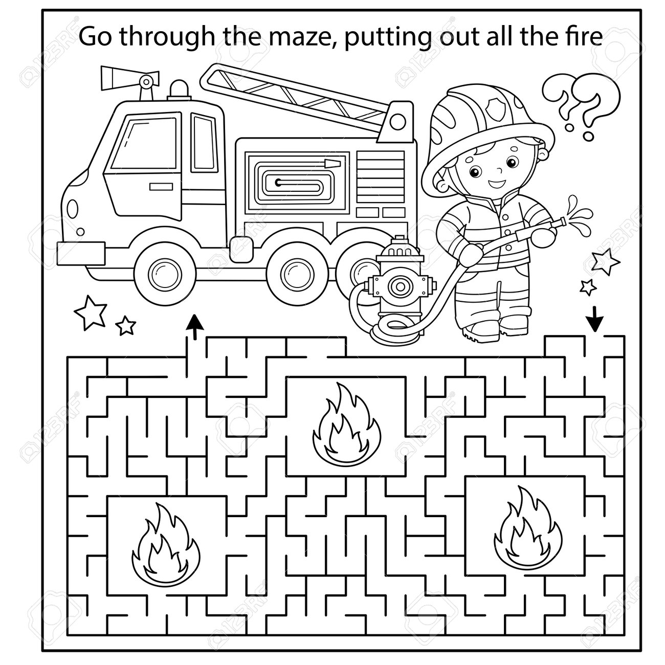 Maze or labyrinth game puzzle coloring page outline of cartoon fireman or firefighter with fire truck fire fighting coloring book for kids royalty free svg cliparts vectors and stock illustration image