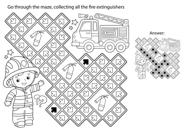 Maze or labyrinth game puzzle coloring page outline of cartoon fireman or firefighter with fire truck coloring book for kids stock illustration