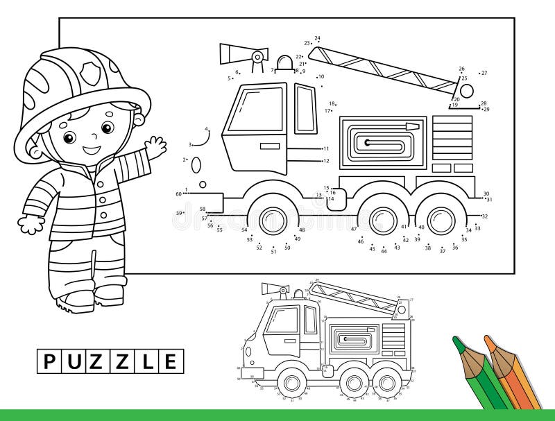 Puzzle game for kids numbers game coloring page outline of cartoon fire truck stock vector