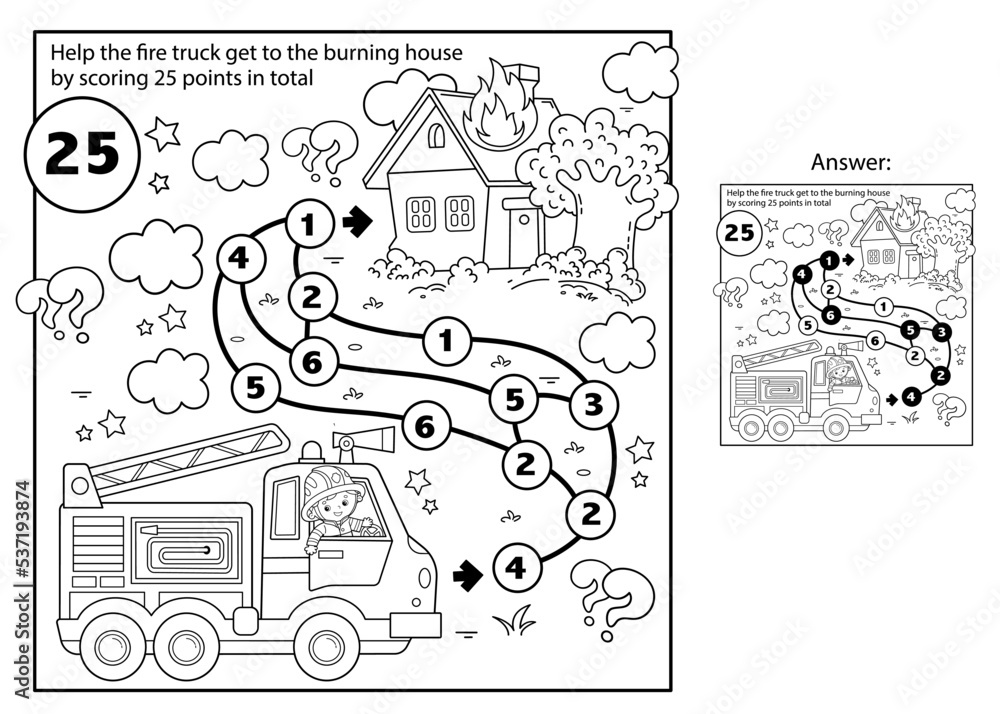 Math addition game puzzle for kids maze coloring page outline of cartoon fire truck fire fighting coloring book for children vector