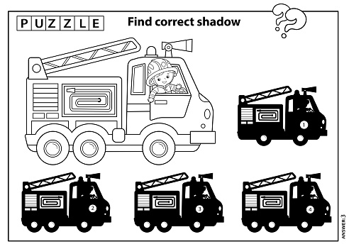 Puzzle game for kids find correct shadow coloring page outline of cartoon fire truck with fireman or firefighter coloring book for children stock illustration