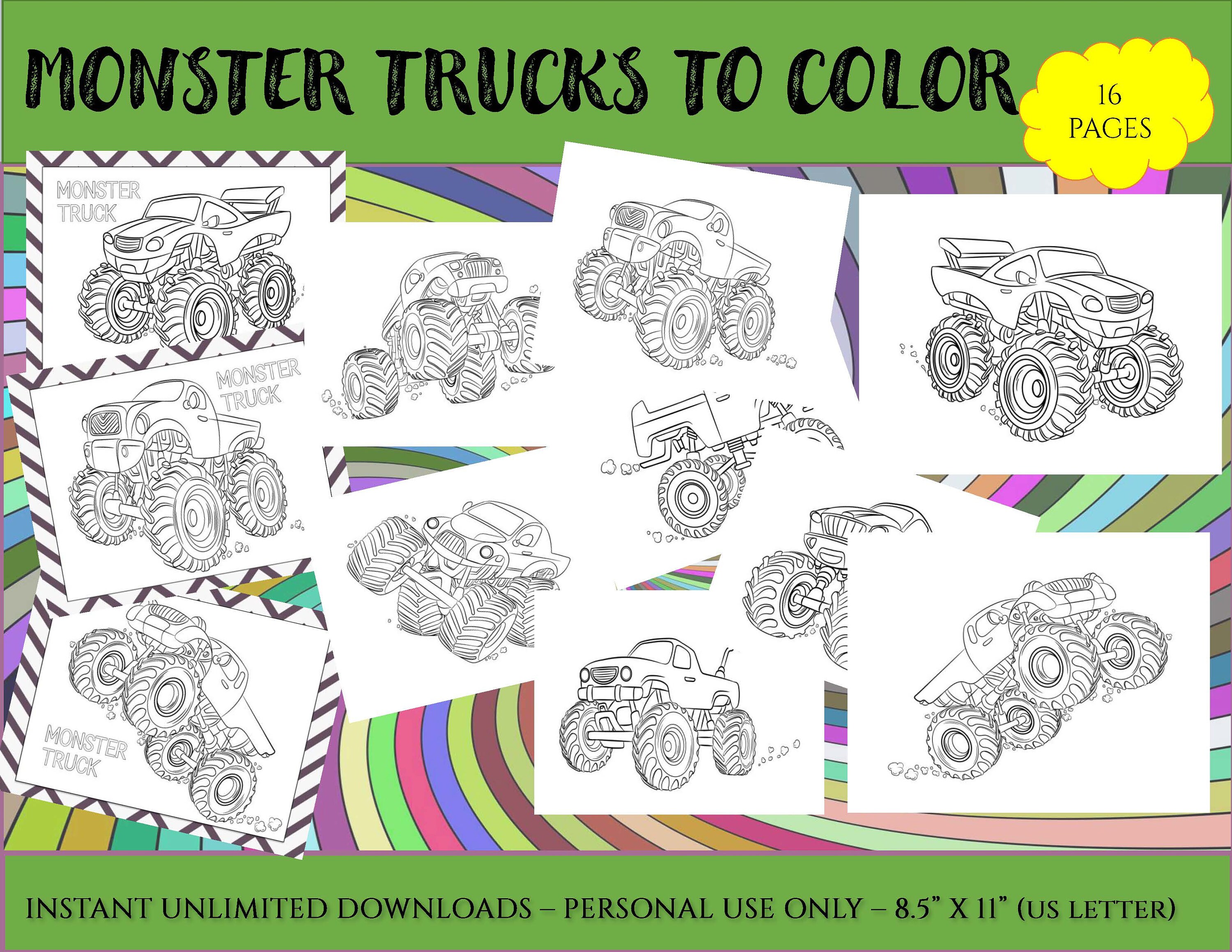 Monster trucks coloring pages instant download pdf printables x us letter size set