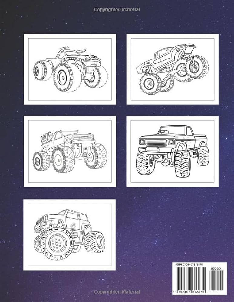 Monster truck coloring book large print designs for kids ages