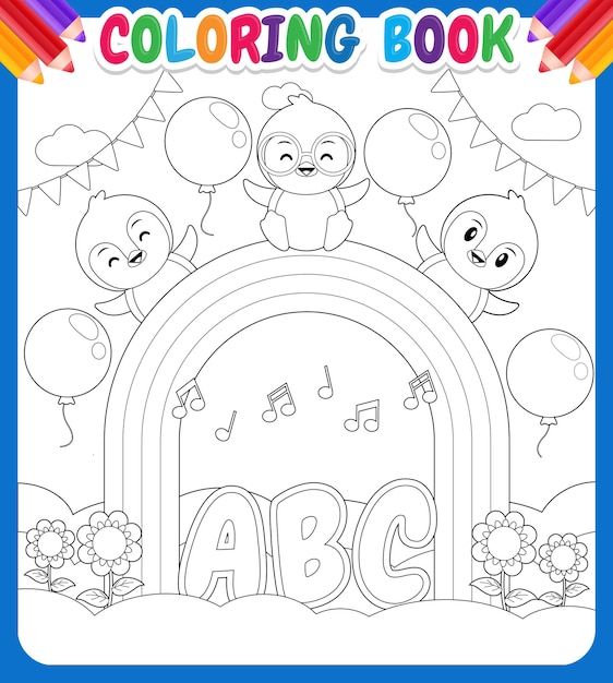 Premium vector coloring book for kids happy penguins on rainbow sky garden