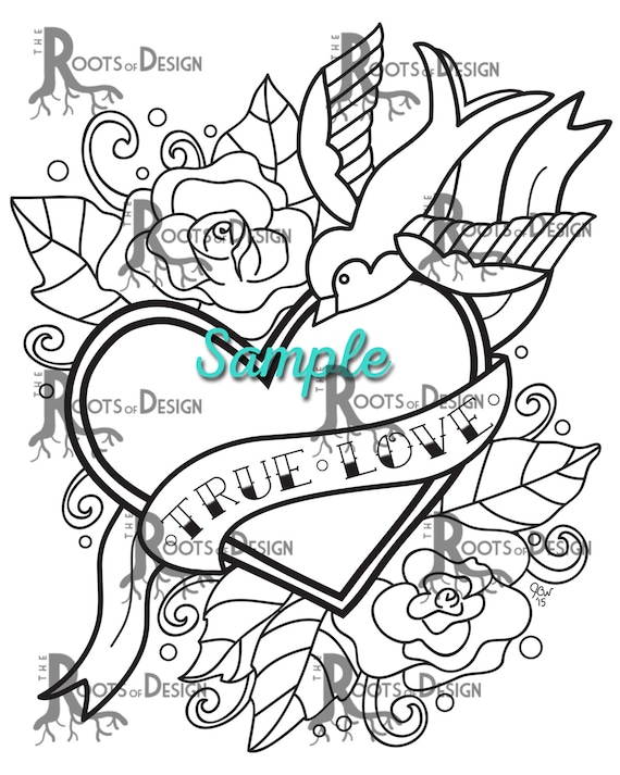 Instant download coloring page tattoo style true love heart coloring print doodle art printable