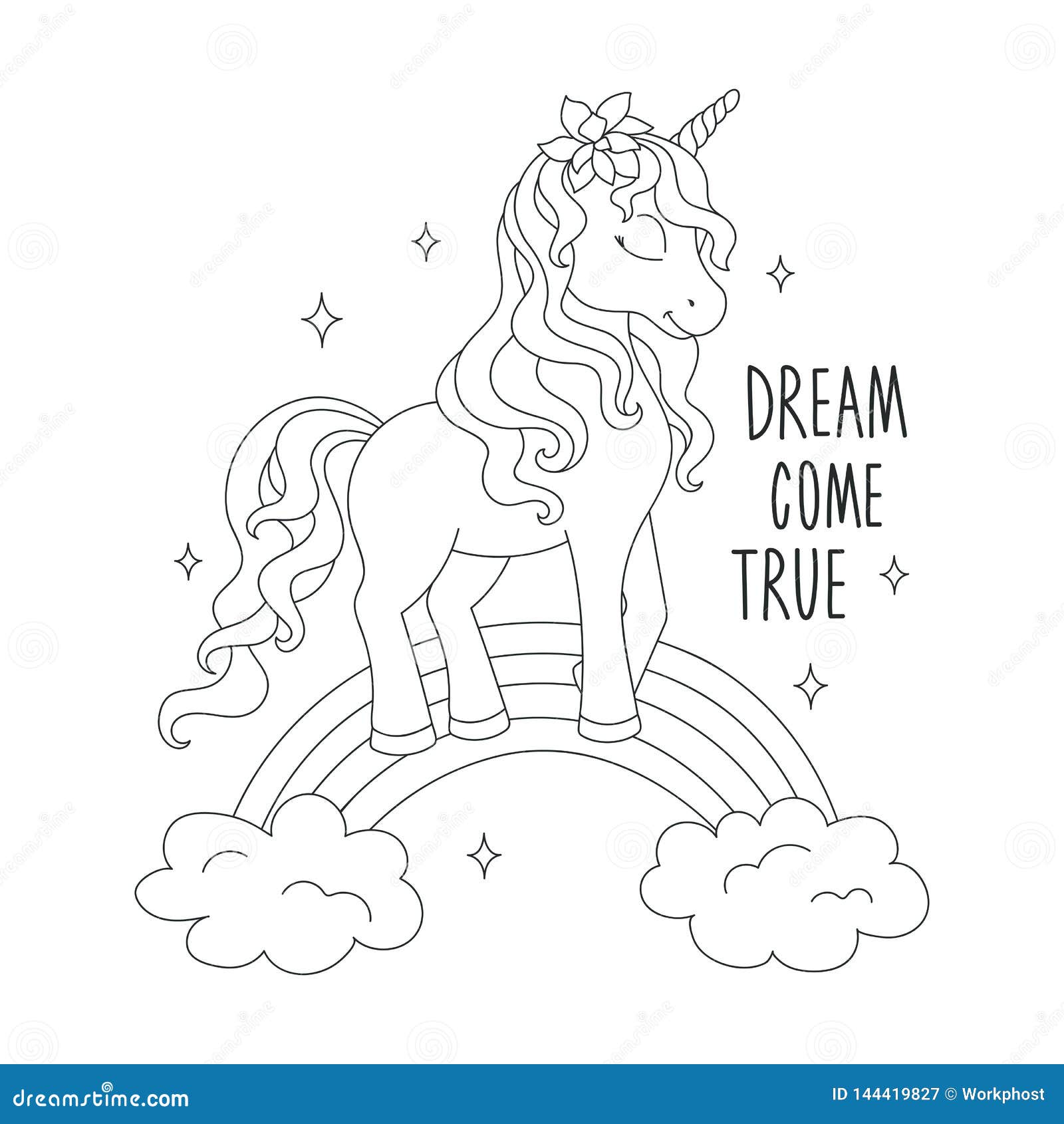 Unicorn on a rainbow coloring pages dream e true text design for kids stock illustration