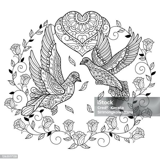 Doodle true love pigeon tangles adult coloring page illustration style stock illustration