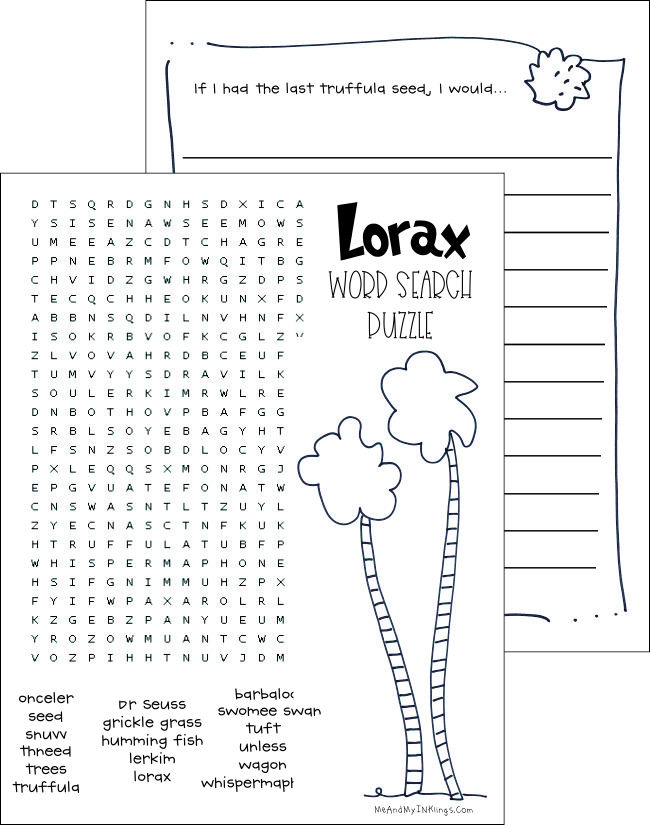 Lorax printables with truffula tree seeds