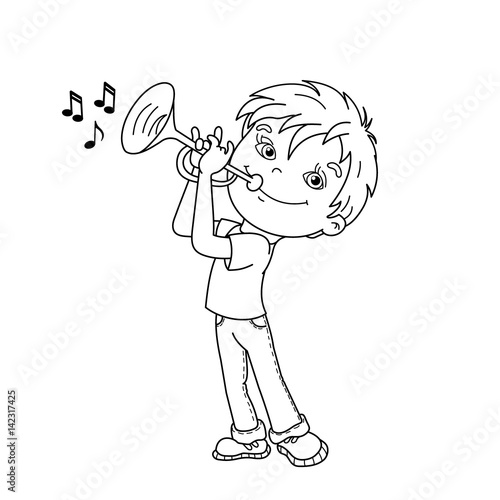 Coloring page outline of cartoon boy playing the trumpet musical instruments coloring book for kids vector