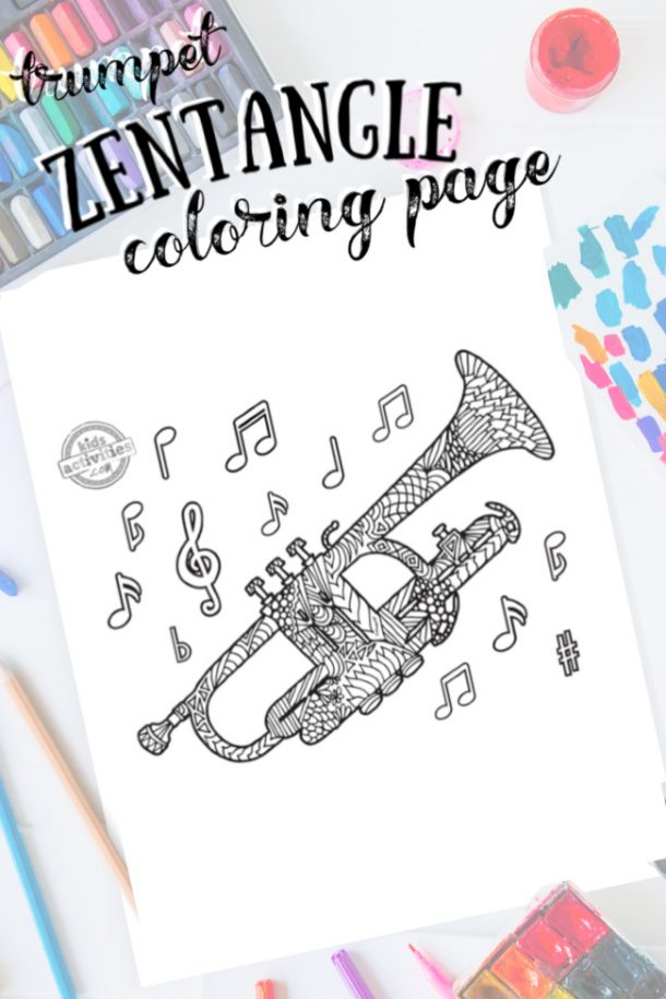 Ornate zentangle trumpet coloring page kids activities blog