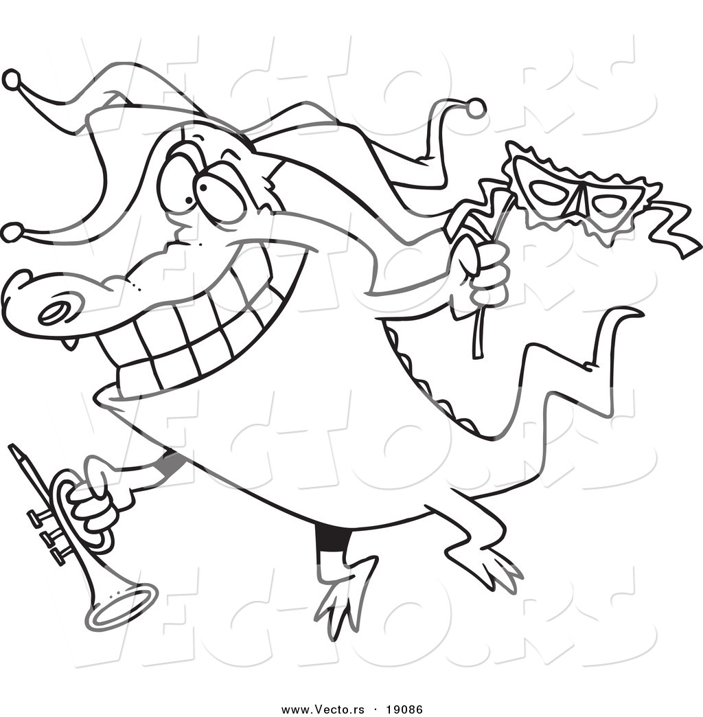 R of a cartoon mardi gras crocodile holding a trumpet