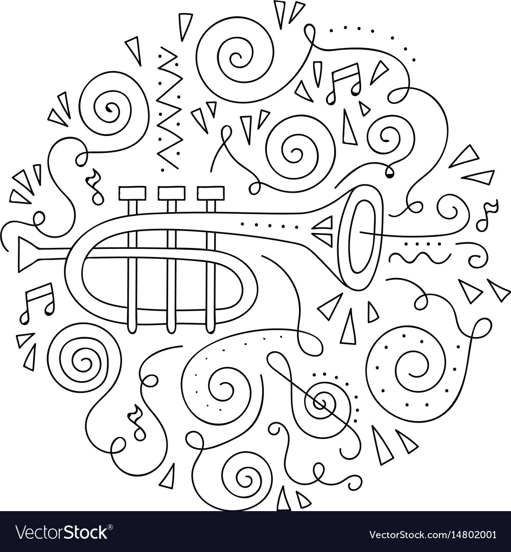 Doodle trumpet coloring page royalty free vector image