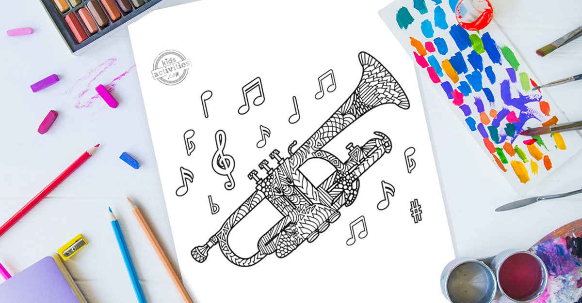 Ornate zentangle trumpet coloring page kids activities blog