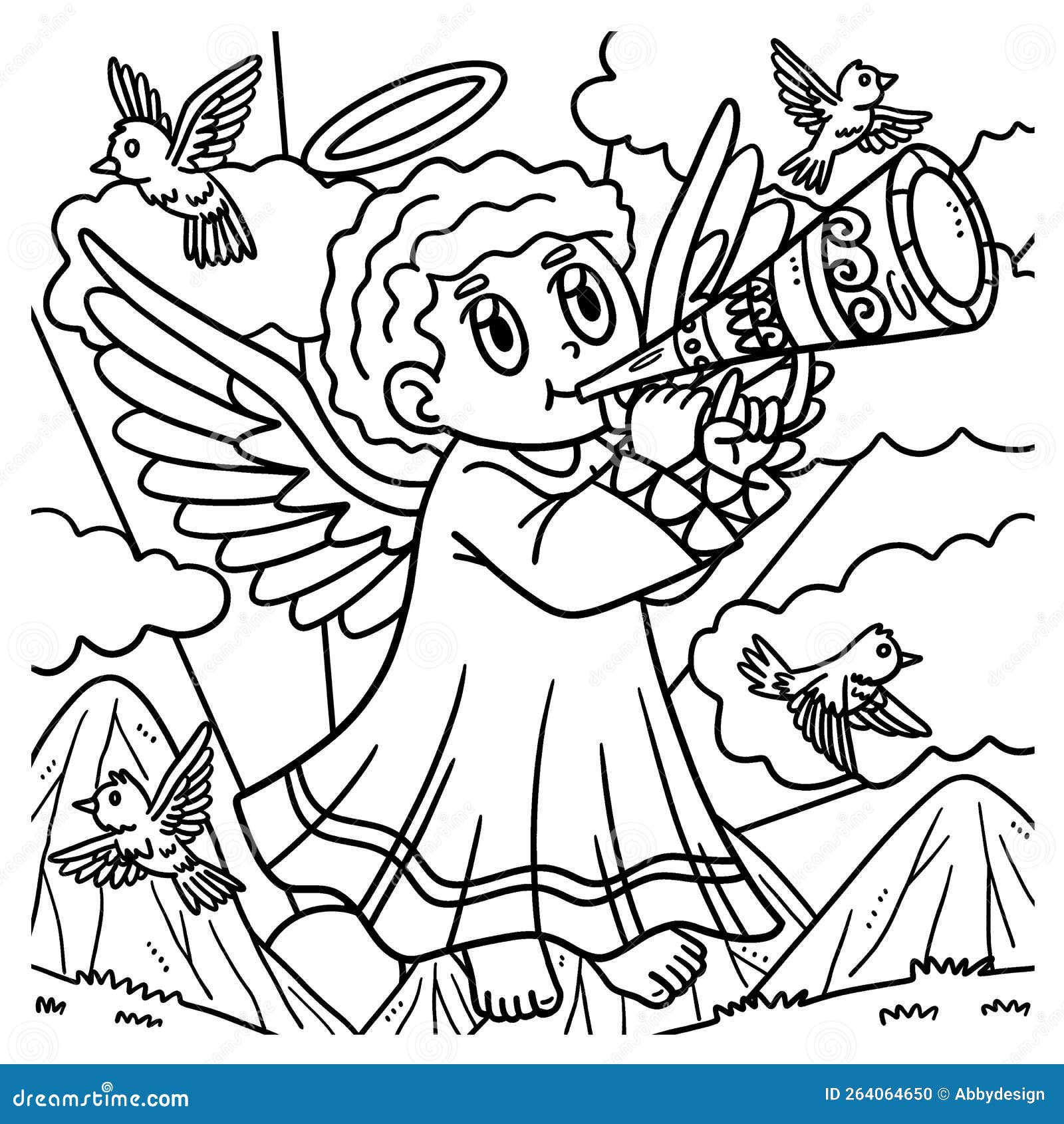 Christian angel blowing the trumpet coloring page stock vector