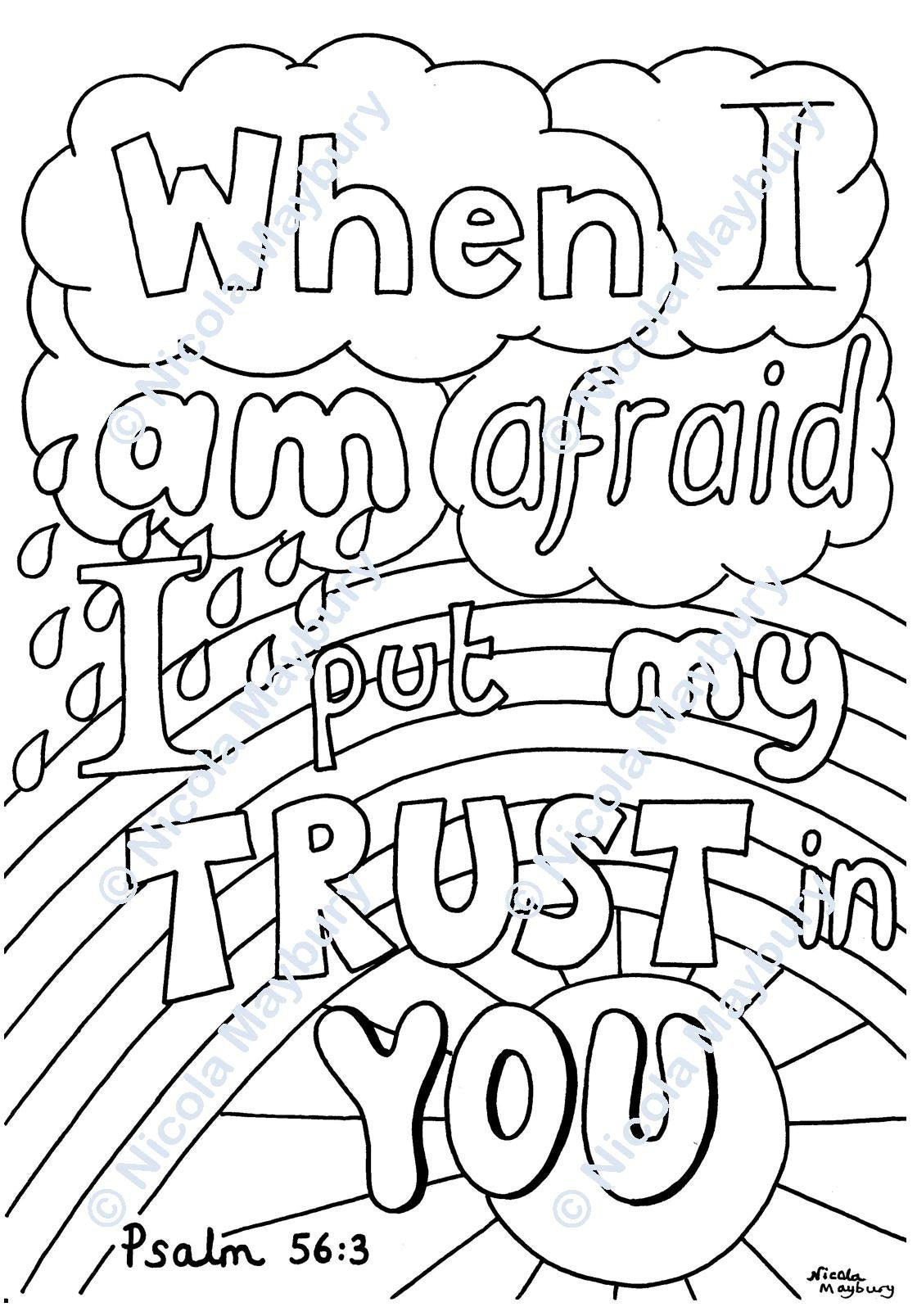 Christian colouring sheet when i am afraid i put my trust in you downloadable bible verse colouring sheet psalm a size instant download