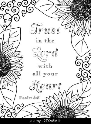 A border of sunflowers perfect for coloring with a bible verse to trust in the lord with all your heart stock vector image art