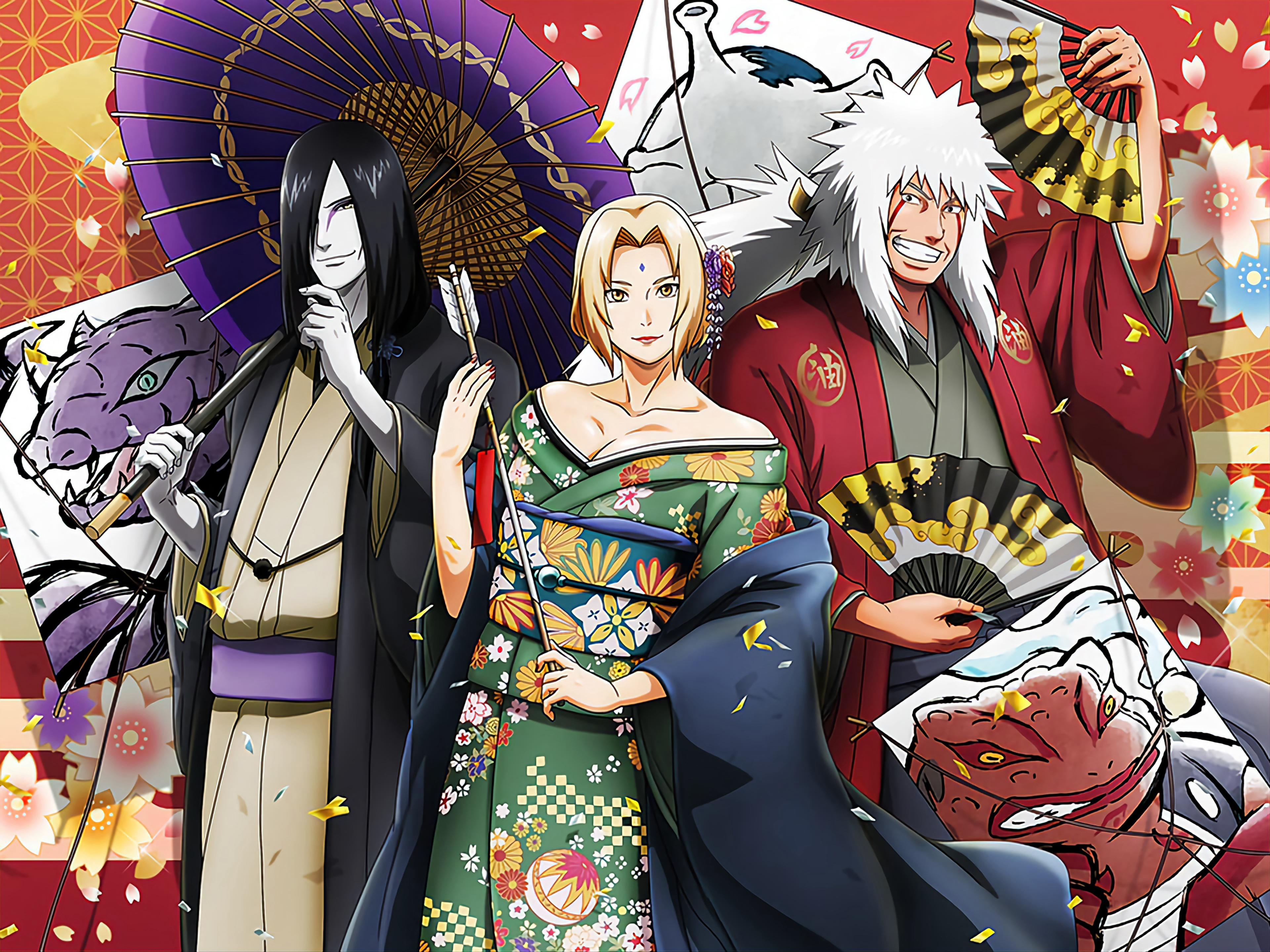 New special card of lady tsunade jiriaya and orochimaru with amazing outfits for the new year ðð especially tsunade with her gorgeous flower style kimono ð rninjavoltage