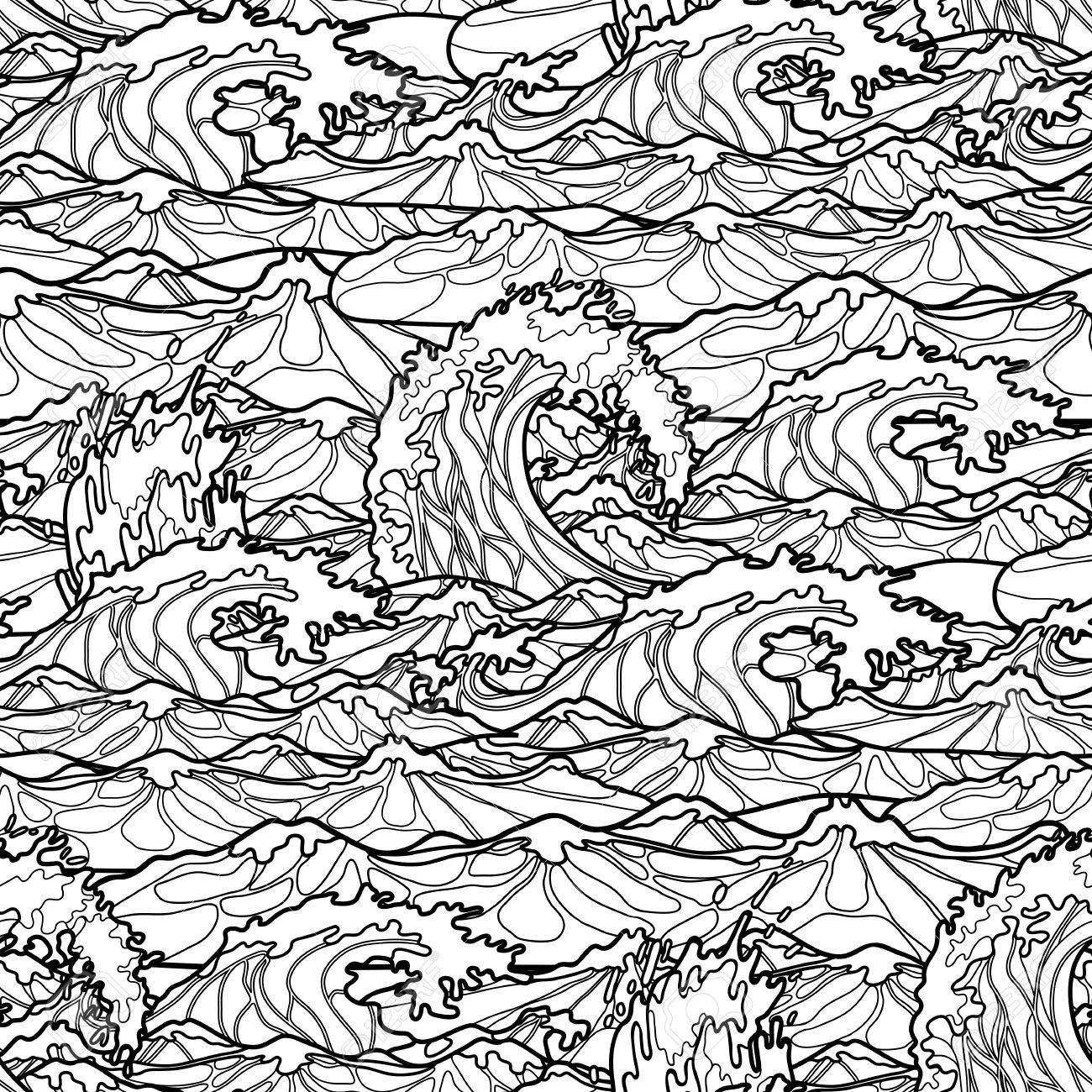 Ocean storm waves seamless pattern drawn in line art style tsunami coloring book page design royalty free svg cliparts vectors and stock illustration image