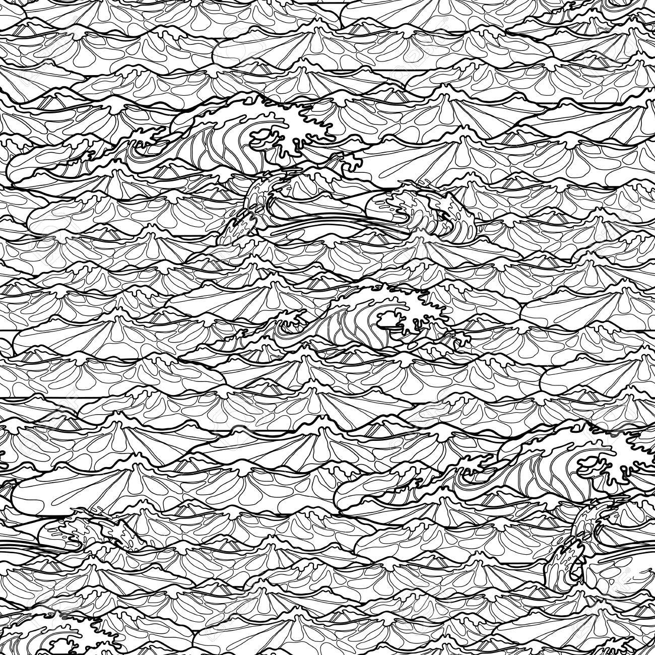 Ocean storm waves seamless pattern drawn in line art style tsunami coloring book page design royalty free svg cliparts vectors and stock illustration image