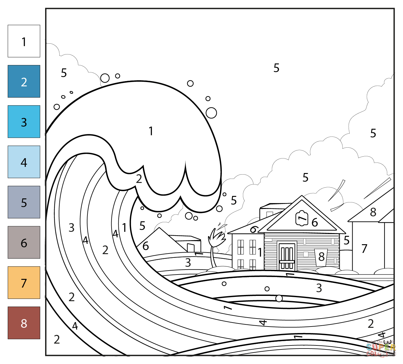 Tsunami color by number free printable coloring pages