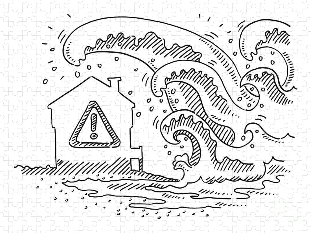 Coastal building in danger of flood wave drawing jigsaw puzzle by frank ramspott