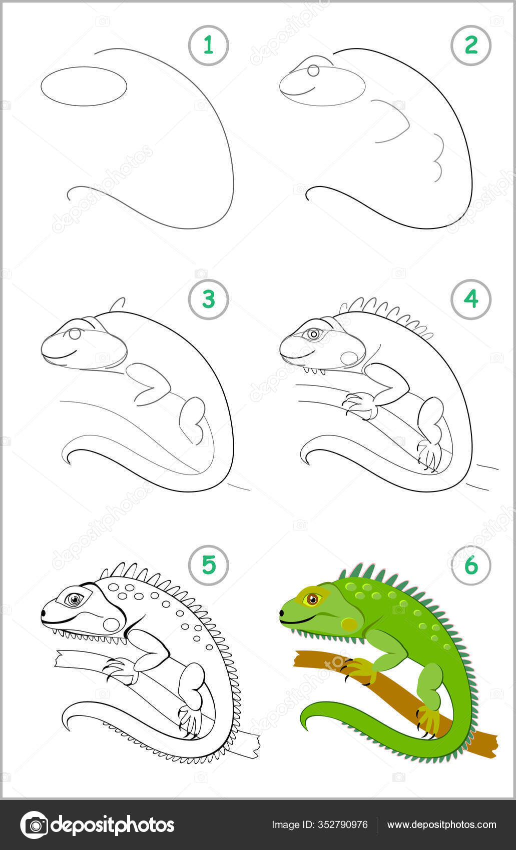 How draw step step cute green iguana educational page kids stock vector by nataljacernecka