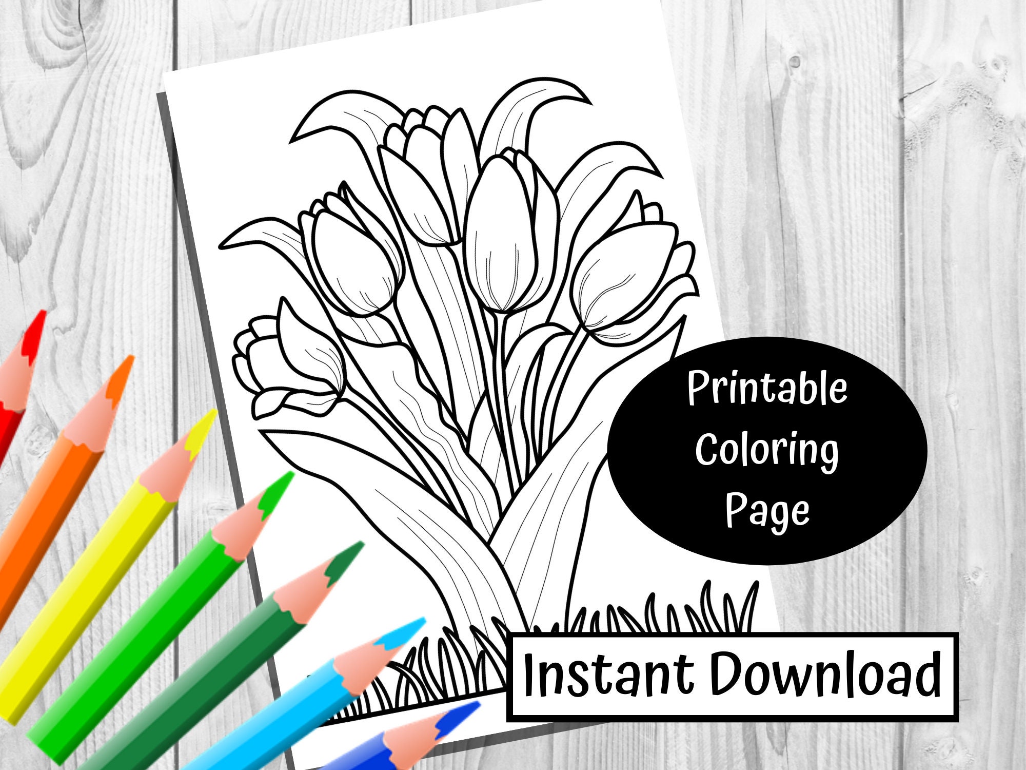 Tulip coloring page instant download simple coloring page digital download flower coloring page