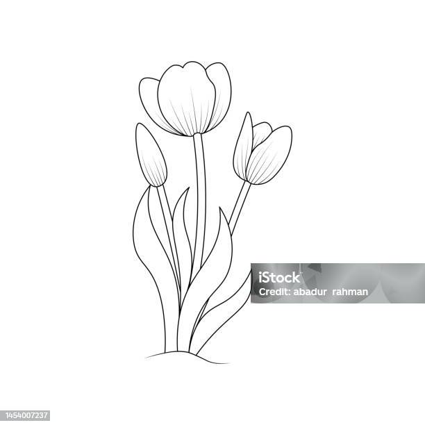 Tulip flower coloring page design for book printing template continuous black stroke stock illustration