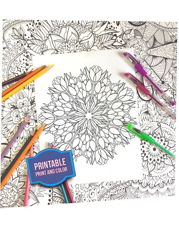 Print and color spring tulip mandala spring time coloring flower coloring page printable digital download floral coloring sheet