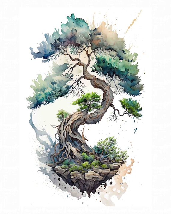 Watercolor bonsai tree nature digital art print instant download printable artmercial use