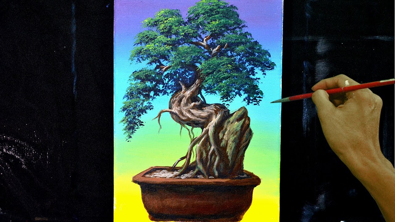 How to paint bonsai tree in acrylics step by step painting tutorial