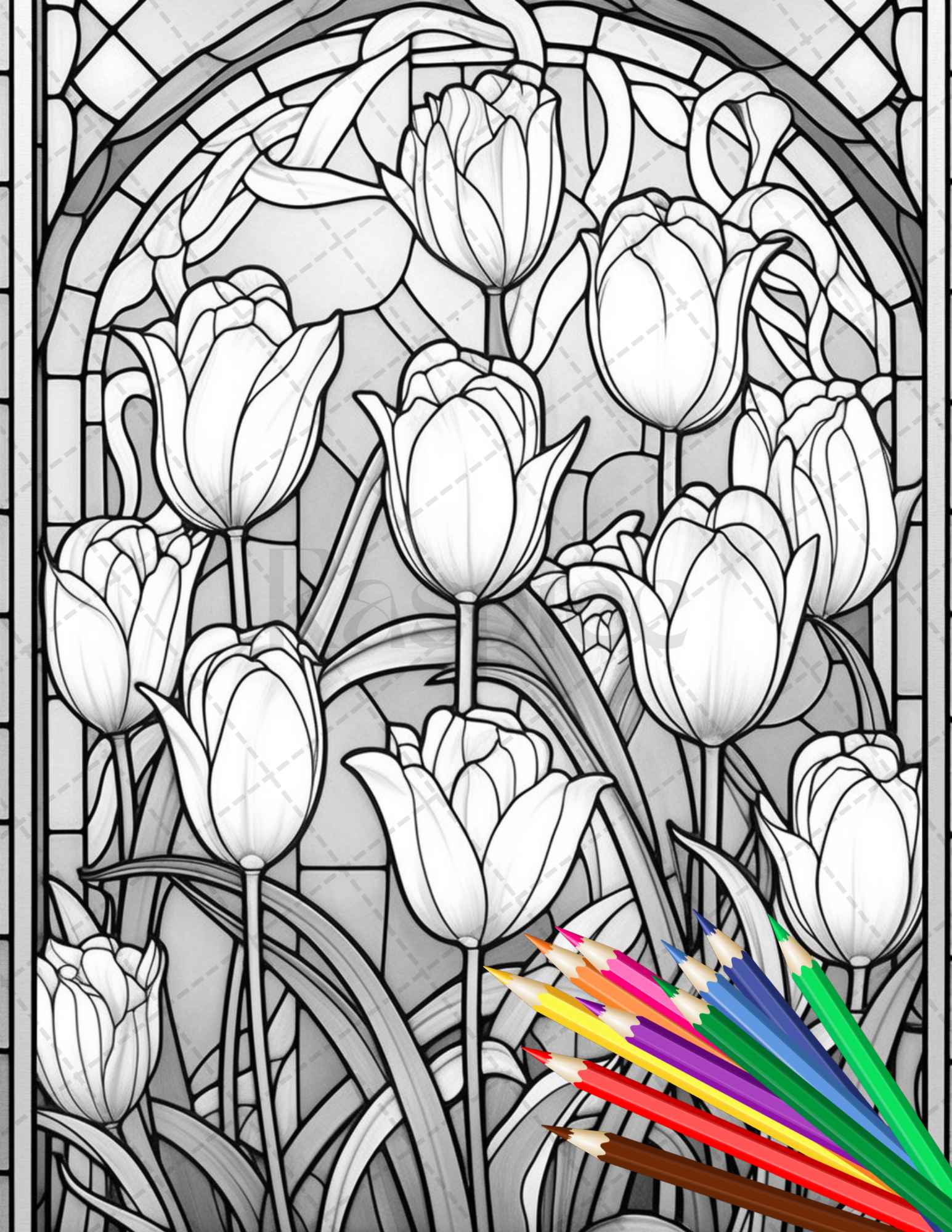 Stained glass flowers grayscale coloring pages printable for adults â coloring