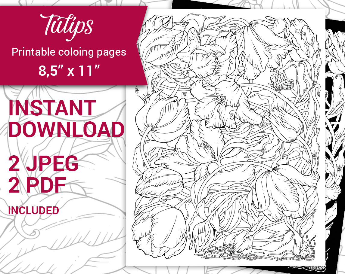 Pdf jpeg digital adult coloring page botanical printable coloring book tulips flower x