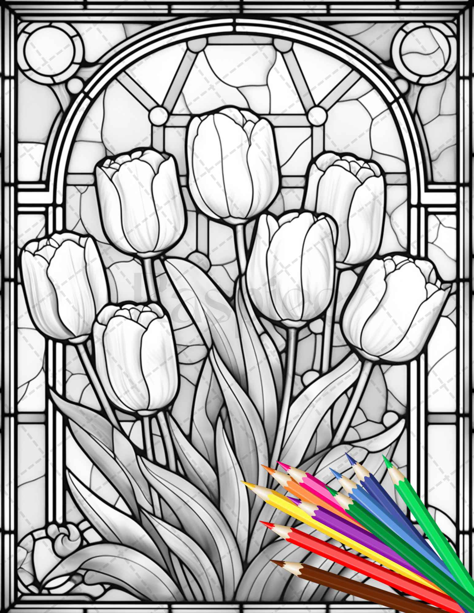 Stained glass flowers grayscale coloring pages printable for adults â coloring