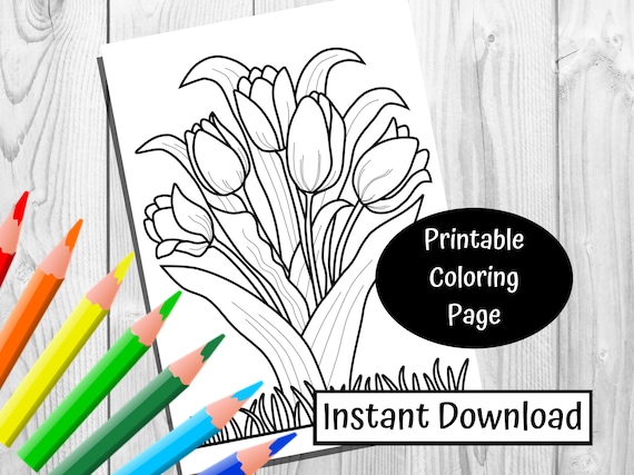 Tulip coloring page instant download simple coloring page digital download flower coloring page