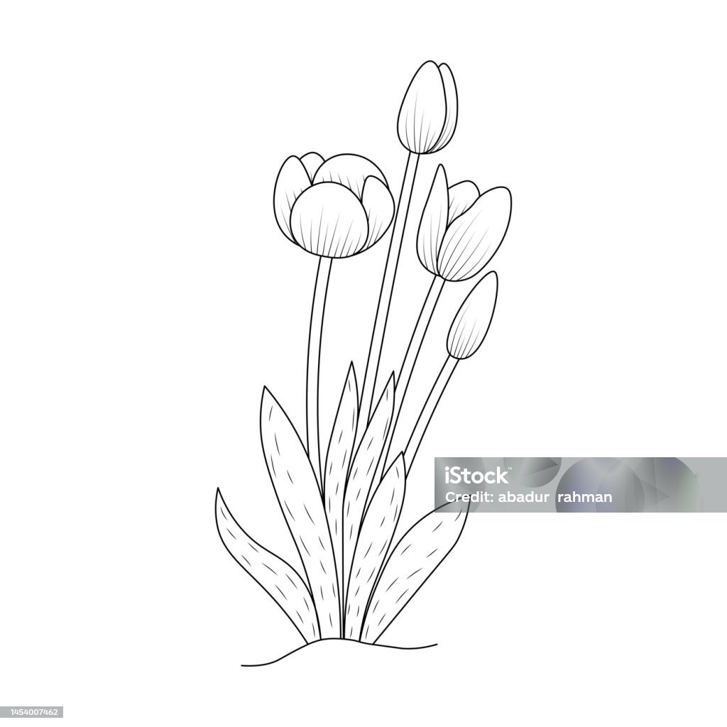 Tulip flower coloring page design for book printing template continuous black stroke stock illustration