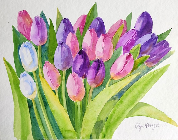 Pink purple tulips original watercolour art painting x botanical illustration floral living room decor spring flowers gift for mom