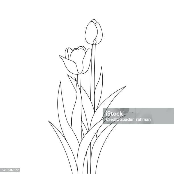 Tulip line art flower coloring page design for printing template continuous black stroke stock illustration