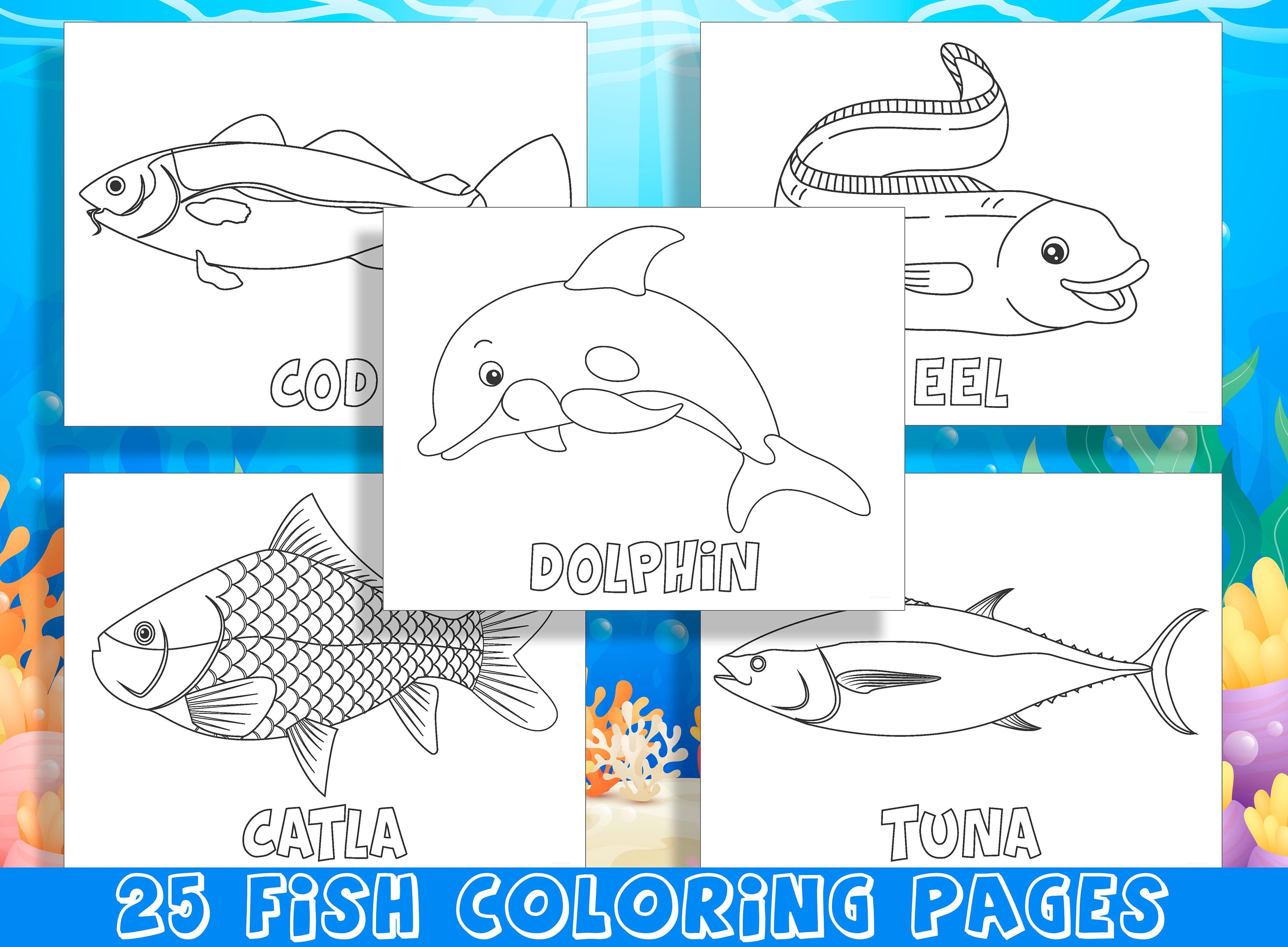 Fish coloring pages colorful pages of underwater friends to color and name pdf file instant download download now