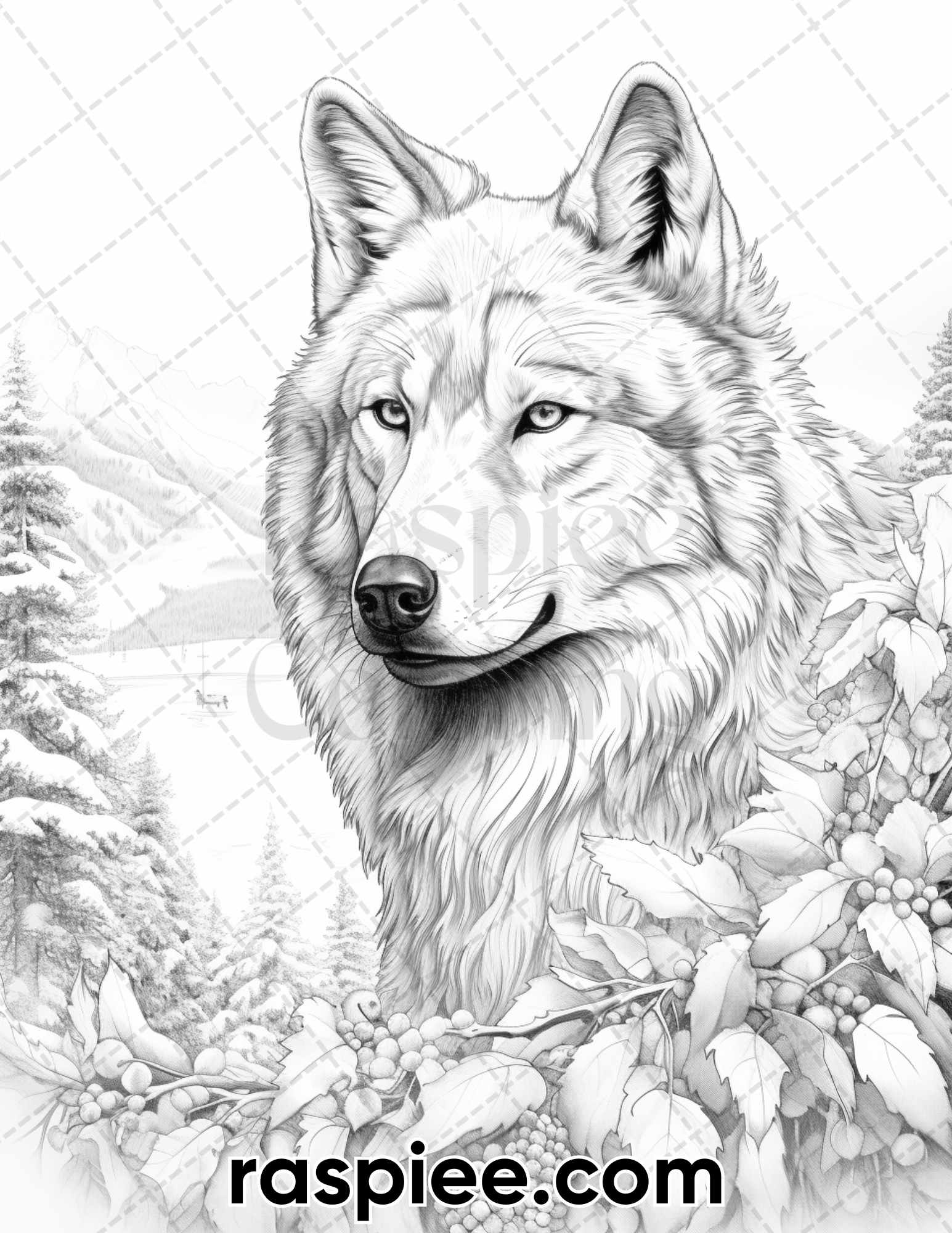 Winter wolf grayscale coloring pages for adults printable pdf inst â coloring