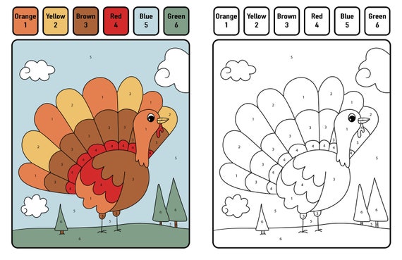 Turkey color by number thanksgiving paint by number educational digital printable coloring worksheet kindergarten preschool instant download