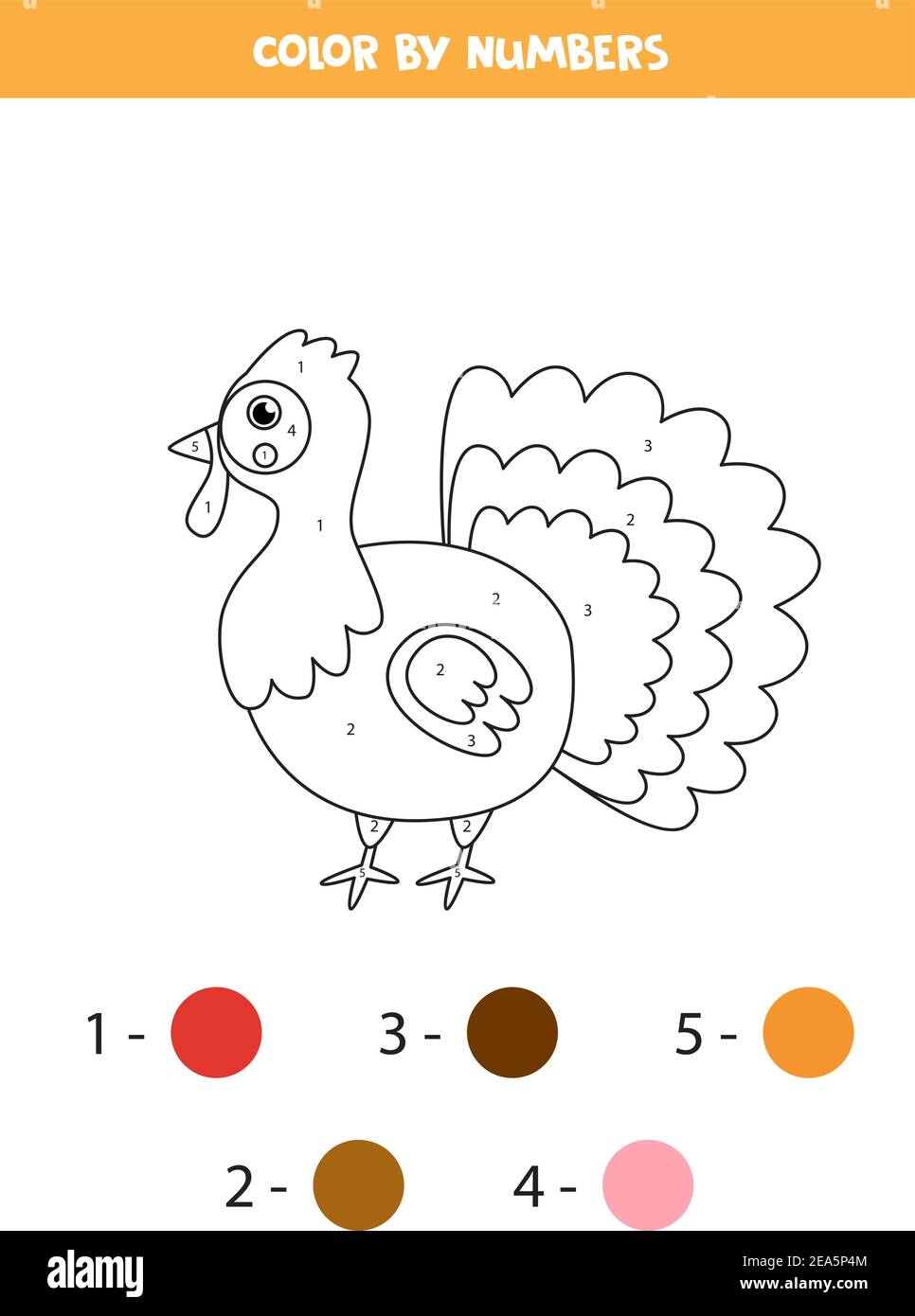 Coloring page with cute cartoon turkey color by numbers math game for kids stock vector image art